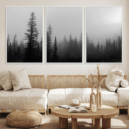 73138900-MGV-FC-60X30-3P_White-Misty Pines Wall Art Canvas Print, Framed Woodland Photography Art Picture Print, Minimalist Decor Perfect Modern Rustic Decor