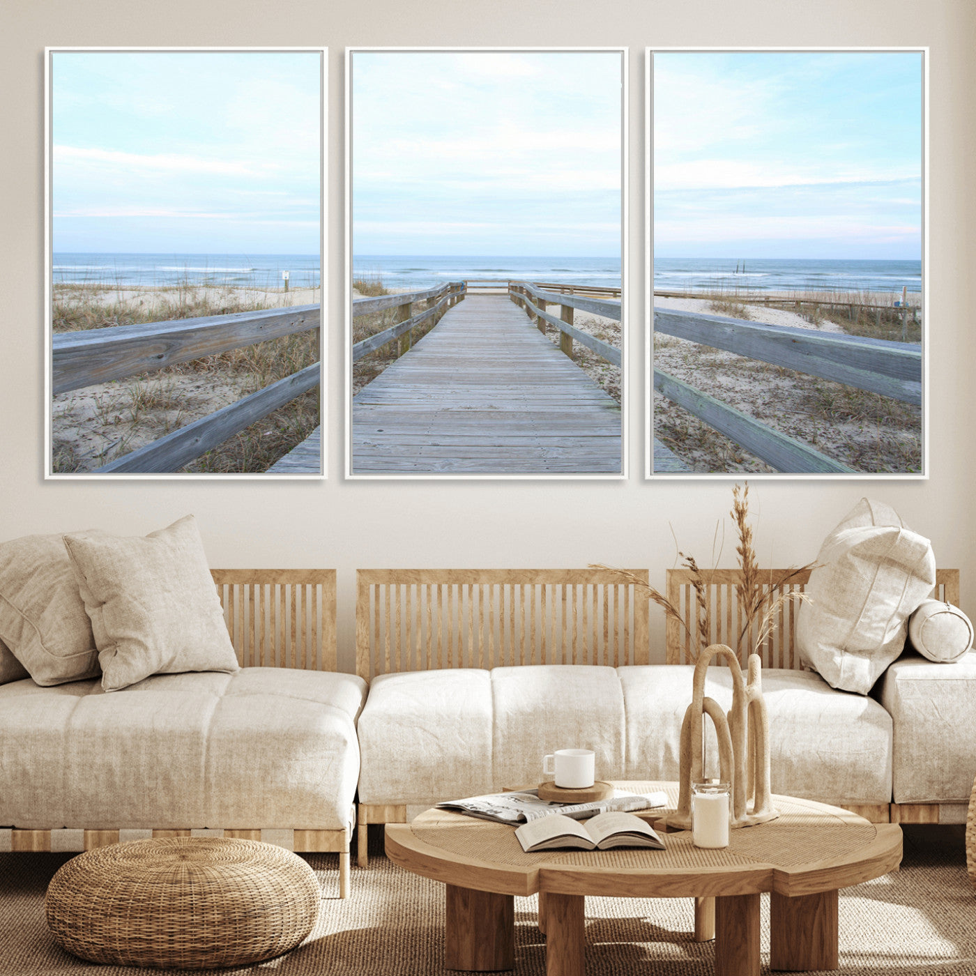 31602988-MGV-FC-60X30-3P_White-Beach Boardwalk Wall Art Canvas Print, Framed Coastal Serenity Art Picture Print, Ocean View Perfect Coastal Minimalist Decor