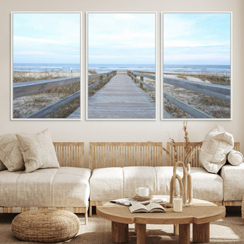 31602988-MGV-FC-60X30-3P_White-Beach Boardwalk Wall Art Canvas Print, Framed Coastal Serenity Art Picture Print, Ocean View Perfect Coastal Minimalist Decor