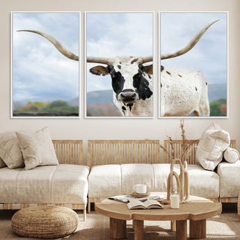 63592811-MGV-FC-60X30-3P_White-Texas Longhorn Wall Art Canvas Print, Framed Western Rustic Art Picture Print, Farmhouse Decor Perfect Rustic Farmhouse Decor