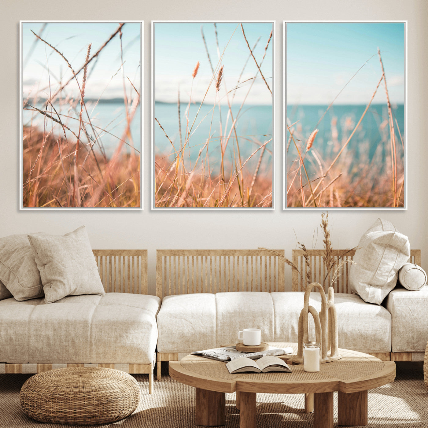 36108696-MGV-CV-36X24-Coastal Grass Wall Art – Serene Ocean View Canvas Print, Beach Nature Photography Decor for Living Room, Bedroom, Office or Modern