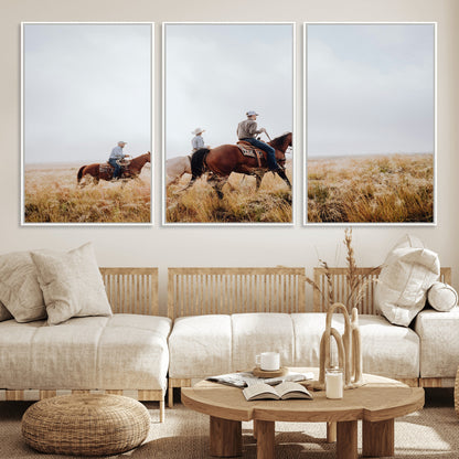 94723307-MGV-FC-60X30-3P_White-Western Cowboys Wall Art Canvas Print, Framed Rustic Prairie Art Picture Print, Horseback Riding Perfect Rustic Western Decor