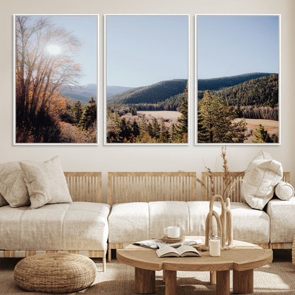 52941305-MGV-FC-60X30-3P_White-Rustic Landscape Wall Art Canvas Print, Framed Serene Valley Art Picture Print, Pine Tree Horizon Perfect Rustic Cabin Decor