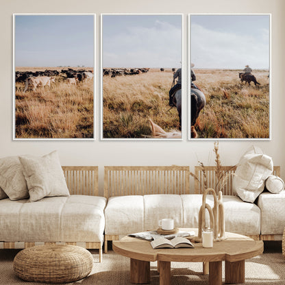 22431577-MGV-FC-60X30-3P_White-Western Wall Art Wall Art Canvas Print, Framed Cowboy Canvas Art Picture Print, Cattle Drive Scene Perfect Rustic Western Decor