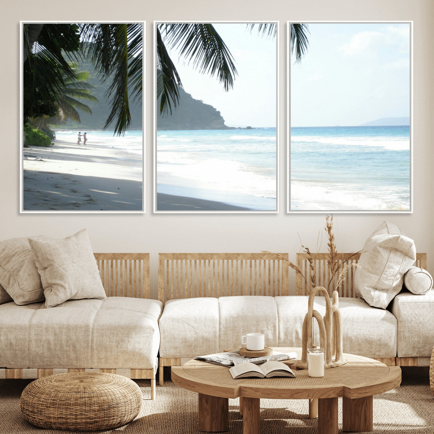 18311030-MGV-FC-60X30-3P_White-Tropical Beach Wall Art Canvas Print, Framed Serene Ocean Art Picture Print, Palm Tree Shadows Perfect Tropical Coastal Decor