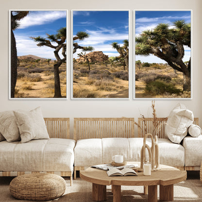 25722592-MGV-FC-60X30-3P_White-Joshua Tree Desert Wall Art Canvas Print, Framed Southwestern Nature Art Picture Print, Rustic Earth Tones Perfect Southwestern