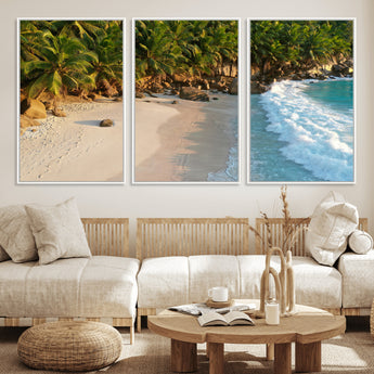 82312665-MGV-FC-60X30-3P_White-Tropical Beach Wall Art Canvas Print, Framed Ocean Waves Art Picture Print, Palm Trees Perfect Coastal Minimalist Decor Artwork