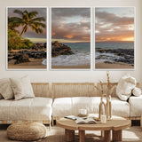 55108220-MGV-FC-60X30-3P_White-Tropical Beach Wall Art Canvas Print, Framed Hawaiian Sunset Art Picture Print, Ocean Waves Perfect Coastal Tropical Decor Artwork