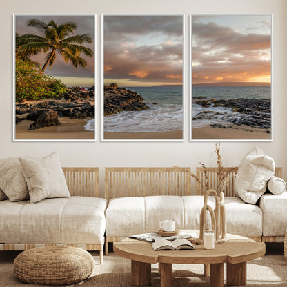 55108220-MGV-FC-60X30-3P_White-Tropical Beach Wall Art Canvas Print, Framed Hawaiian Sunset Art Picture Print, Ocean Waves Perfect Coastal Tropical Decor Artwork