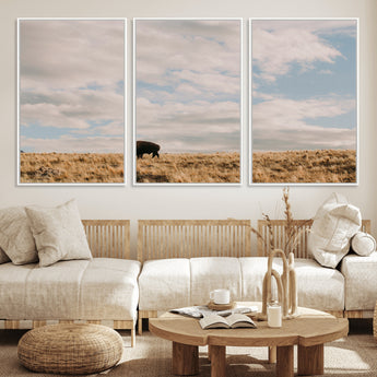 22754563-MGV-FC-60X30-3P_White-Earthy Tones Wall Art Canvas Print, Framed Rustic Nature Art Picture Print, Solitary Buffalo Perfect Western Minimalist Decor