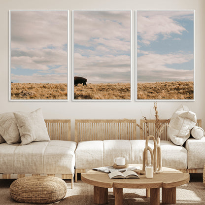 22754563-MGV-FC-60X30-3P_White-Earthy Tones Wall Art Canvas Print, Framed Rustic Nature Art Picture Print, Solitary Buffalo Perfect Western Minimalist Decor