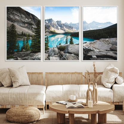 98014896-MGV-FC-60X30-3P_White-Canadian Rockies Wall Art Canvas Print, Framed Mountain Landscape Art Picture Print, Turquoise Water Perfect Scandinavian