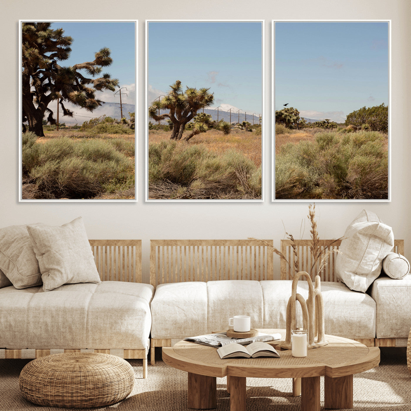 16114018-MGV-FC-60X30-3P_White-Joshua Tree Wall Art Canvas Print, Framed Desert Landscape Art Picture Print, Mountain Horizon Perfect Southwestern Boho Decor