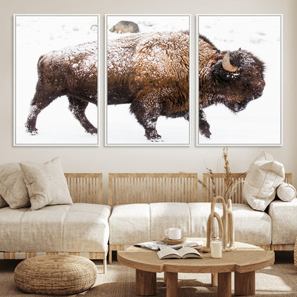 94261165-MGV-FC-60X30-3P_White-Snowy Buffalo Wall Art Canvas Print, Framed Wildlife Photography Art Picture Print, Brown Tones Perfect Rustic Lodge Decor Decor