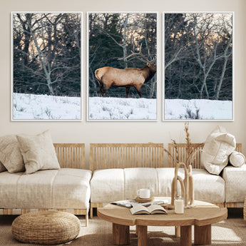 36533178-MGV-FC-60X30-3P_White-Wild Elk Photography Wall Art Canvas Print, Framed Winter Wildlife Art Picture Print, Snowy Forest Perfect Rustic Lodge Decor