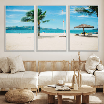 42623350-MGV-FC-60X30-3P_White-Tropical Beach Wall Art Canvas Print, Framed Palm Tree Art Picture Print, Ocean View Perfect Tropical Coastal Decor Artwork