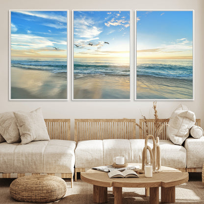 20708696-MGV-FC-60X30-3P_White-Minimalist Seaside Wall Art Canvas Print, Framed Morning Glow Art Picture Print, Golden Reflections Perfect Coastal Minimalist