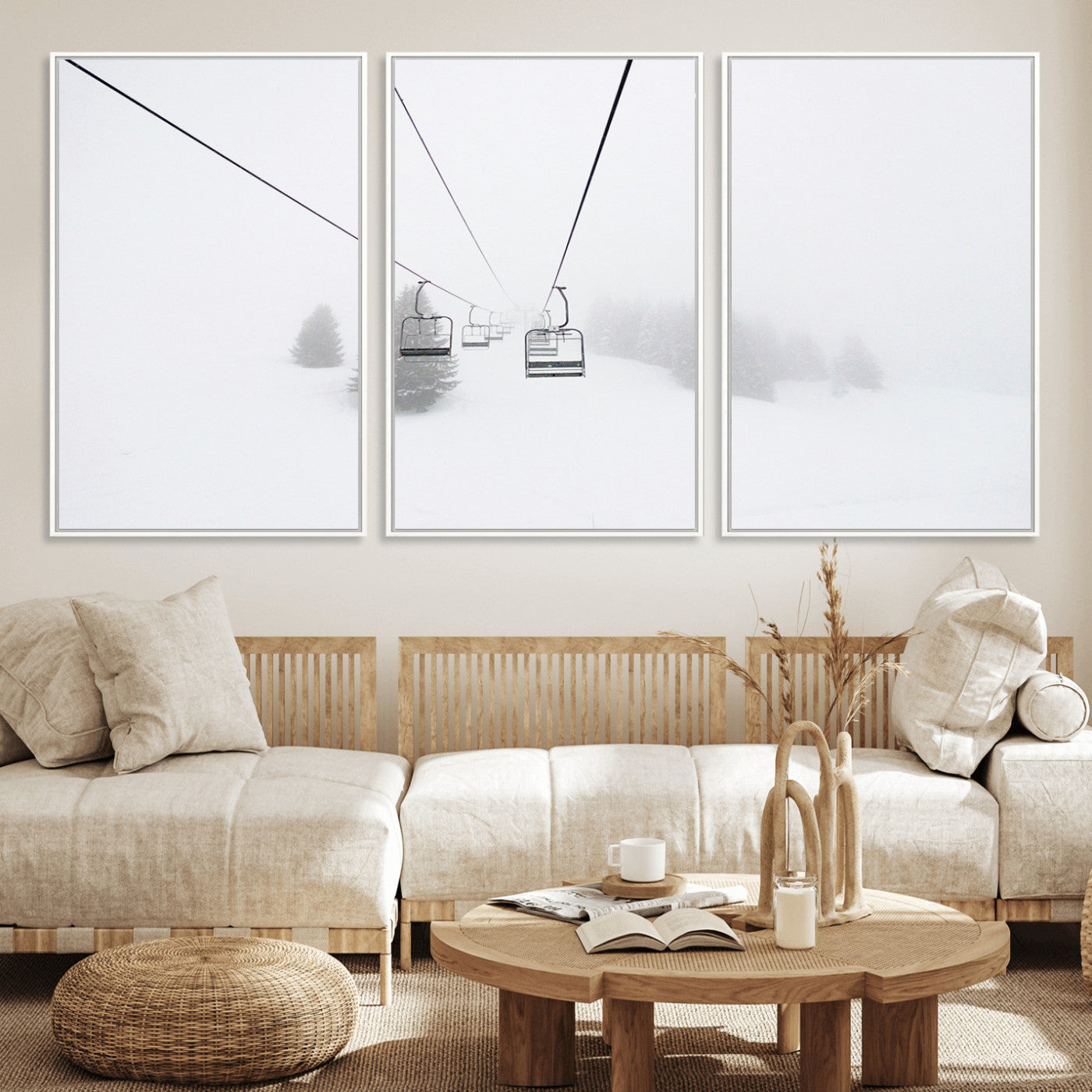 20216390-MGV-FC-60X30-3P_White-Ski Lift Wall Art Canvas Print, Framed Snowy Landscape Art Picture Print, Alpine Adventure Perfect Nordic Minimalist Decor Artwork