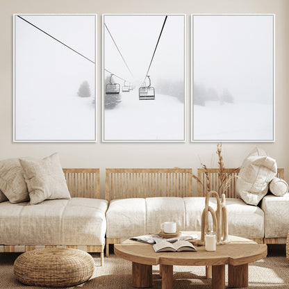 20216390-MGV-FC-60X30-3P_White-Ski Lift Wall Art Canvas Print, Framed Snowy Landscape Art Picture Print, Alpine Adventure Perfect Nordic Minimalist Decor Artwork