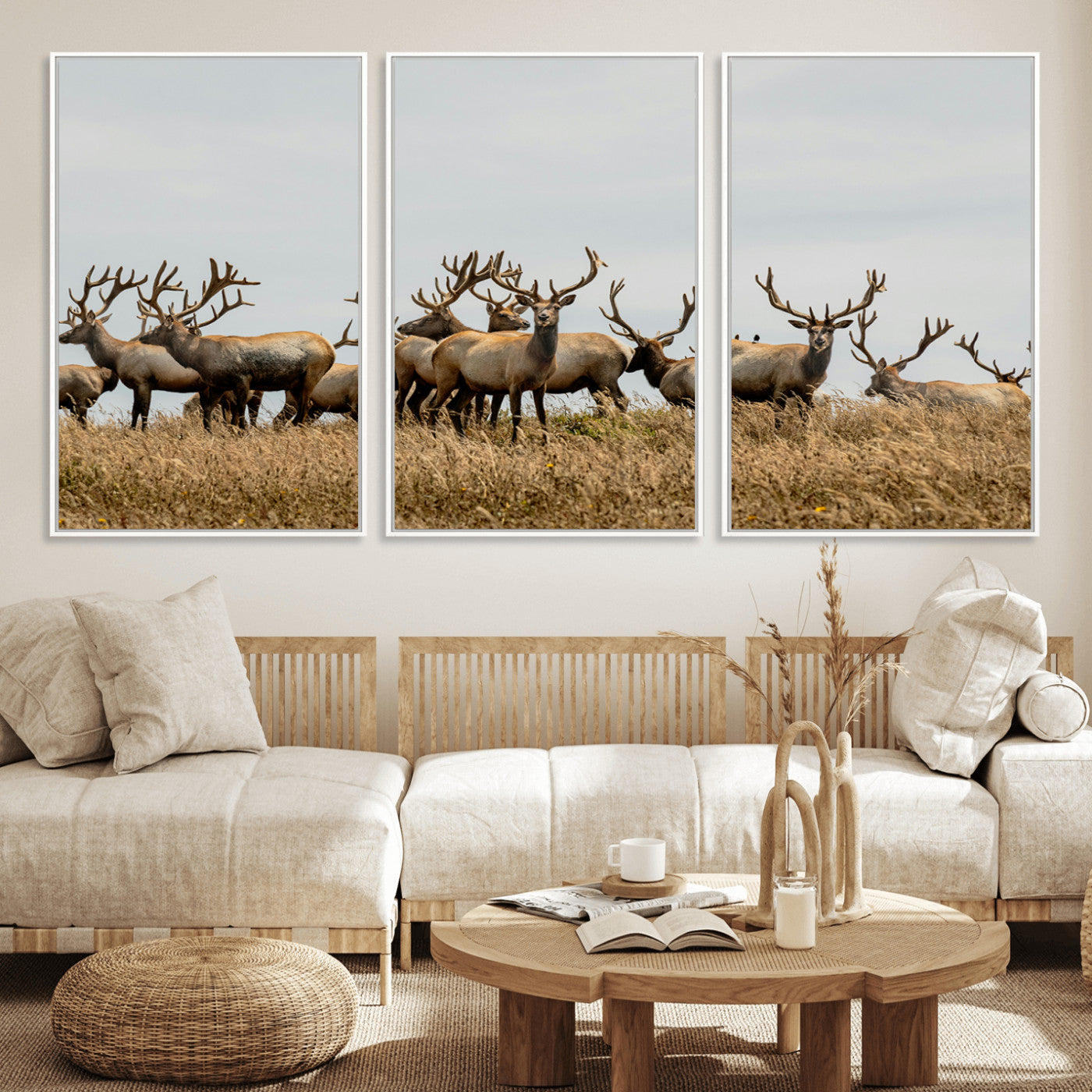 42170220-MGV-FC-60X30-3P_White-Elk Herd Wall Art Canvas Print, Framed Wildlife Photography Art Picture Print, Majestic Antlers Perfect Rustic Wildlife Decor