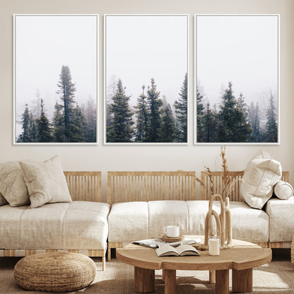 42364796-MGV-FC-60X30-3P_White-Foggy Forest Wall Art Canvas Print, Framed Misty Pines Art Picture Print, Moody Woodland Perfect Scandinavian Minimalist Decor