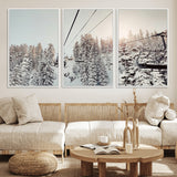 91534512-MGV-FC-60X30-3P_White-Frosty Pines Wall Art Canvas Print, Framed Cozy Cabin View Art Picture Print, Ski Lift Ride Perfect Rustic Lodge Decor Artwork
