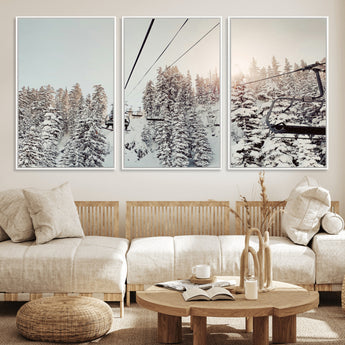91534512-MGV-FC-60X30-3P_White-Frosty Pines Wall Art Canvas Print, Framed Cozy Cabin View Art Picture Print, Ski Lift Ride Perfect Rustic Lodge Decor Artwork