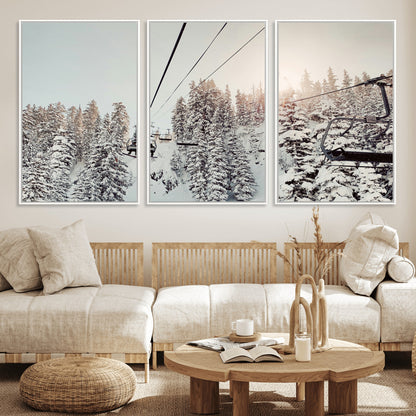 91534512-MGV-CV-36X24-Frosty Pines Wall Art Canvas Print, Framed Cozy Cabin View Art Picture Print, Ski Lift Ride Perfect Rustic Lodge Decor Artwork