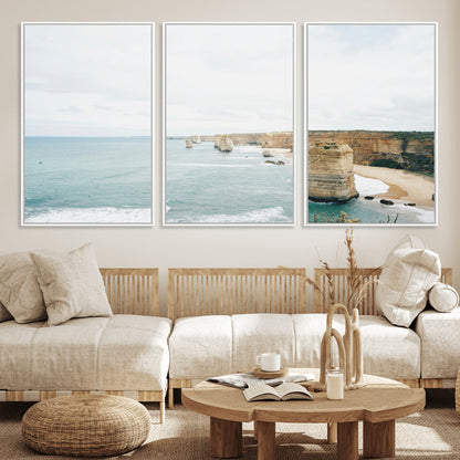 70095633-MGV-FC-60X30-3P_White-Twelve Apostles Wall Art Canvas Print, Framed Coastal Cliffs Art Picture Print, Rugged Rock Formations Perfect Minimalist Coastal