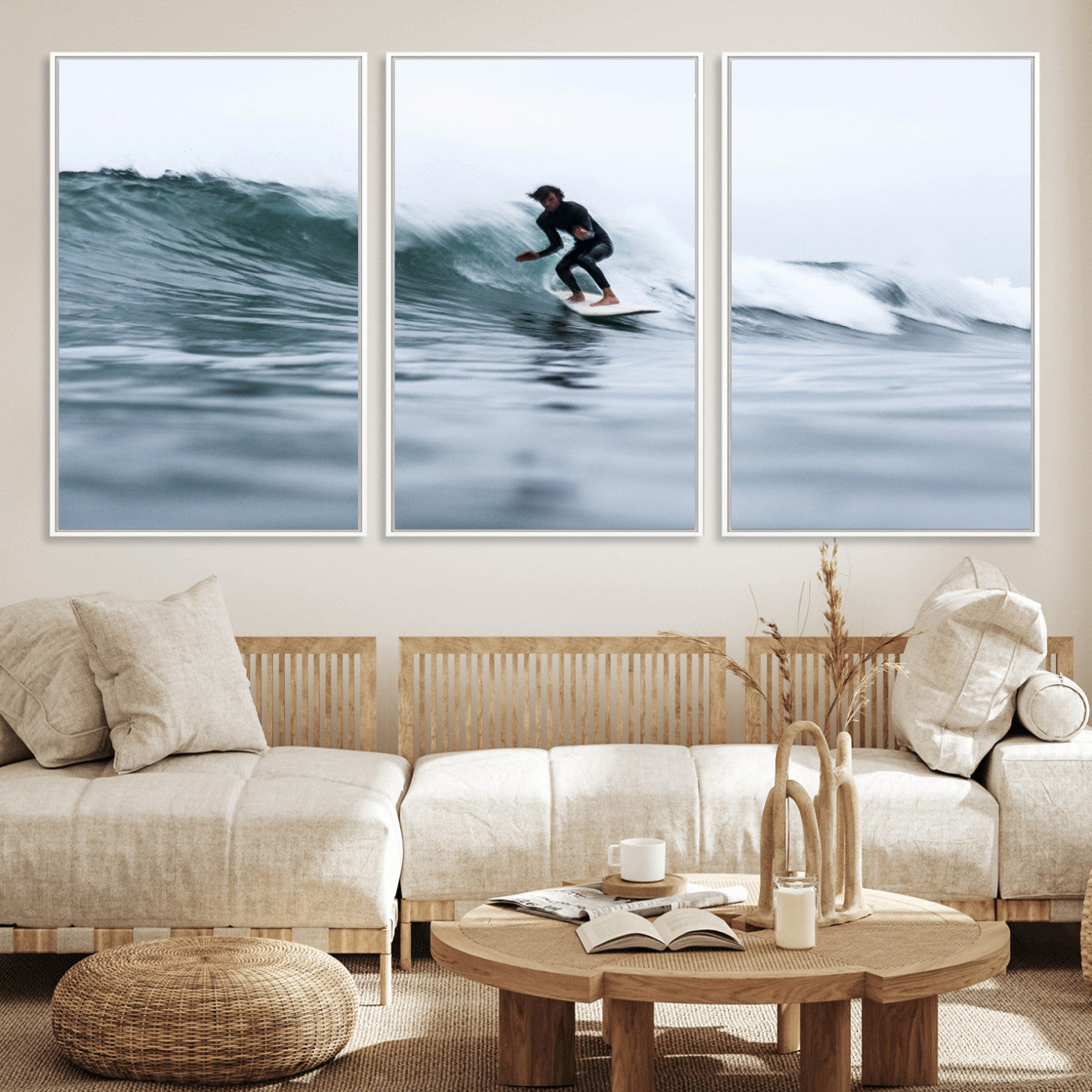 11693607-MGV-FC-60X30-3P_White-Surfer on Wave Wall Art Canvas Print, Framed Ocean Adventure Art Picture Print, Motion Blur Water Perfect Coastal Adventure Decor