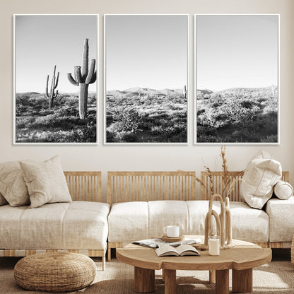 85205054-MGV-FC-60X30-3P_White-Saguaro Cactus Wall Art Canvas Print, Framed Monochrome Landscape Art Picture Print, Scenic Arizona View Perfect Minimalist