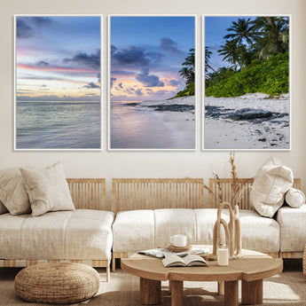 75045485-MGV-FC-60X30-3P_White-Tropical Beach Wall Art Canvas Print, Framed Sunset Glow Art Picture Print, Palm Tree Coast Perfect Tropical Coastal Decor Artwork