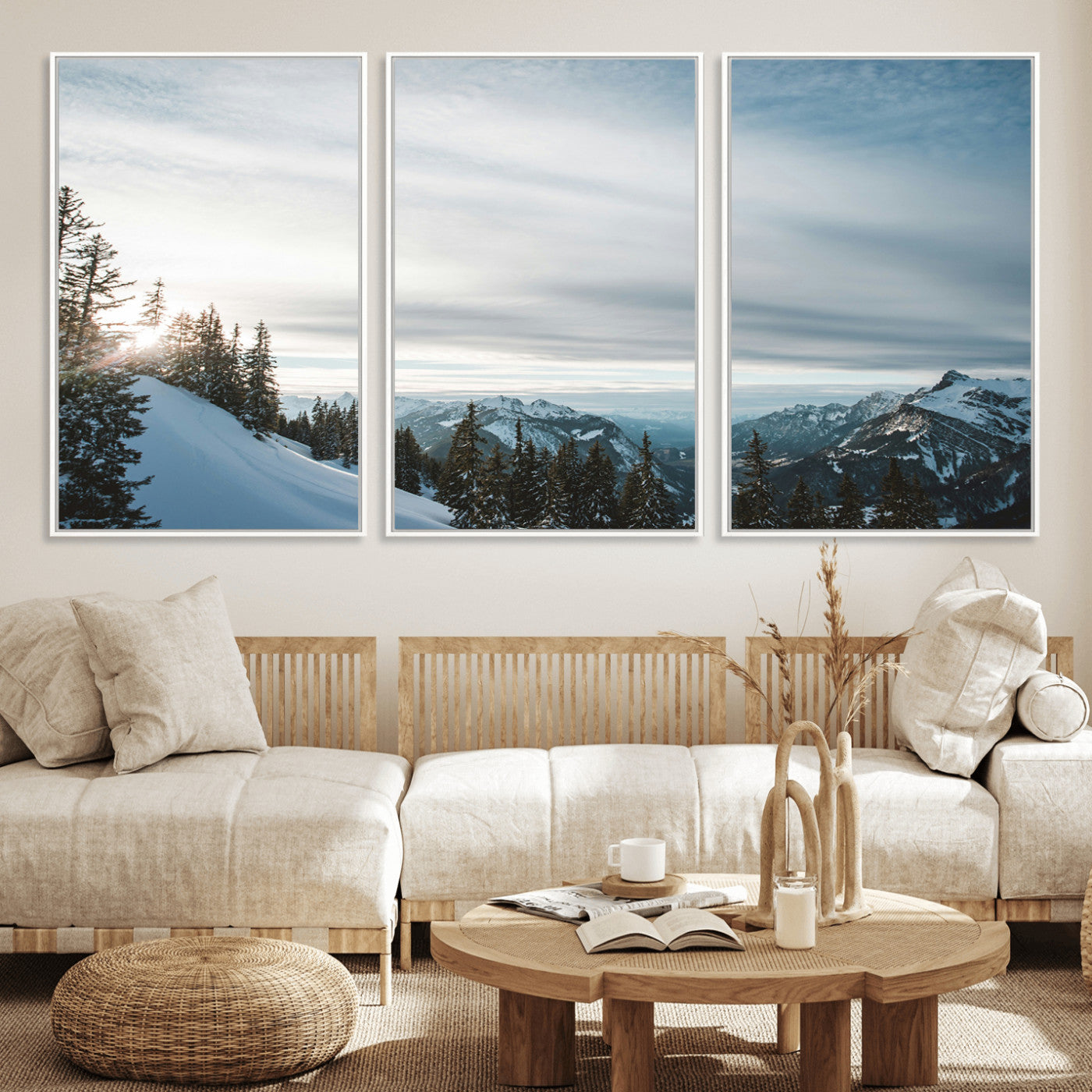 55564749-MGV-FC-60X30-3P_White-Snowy Mountains Wall Art Canvas Print, Framed Alpine Landscape Art Picture Print, Frosty Peaks Perfect Nordic Minimalist Decor