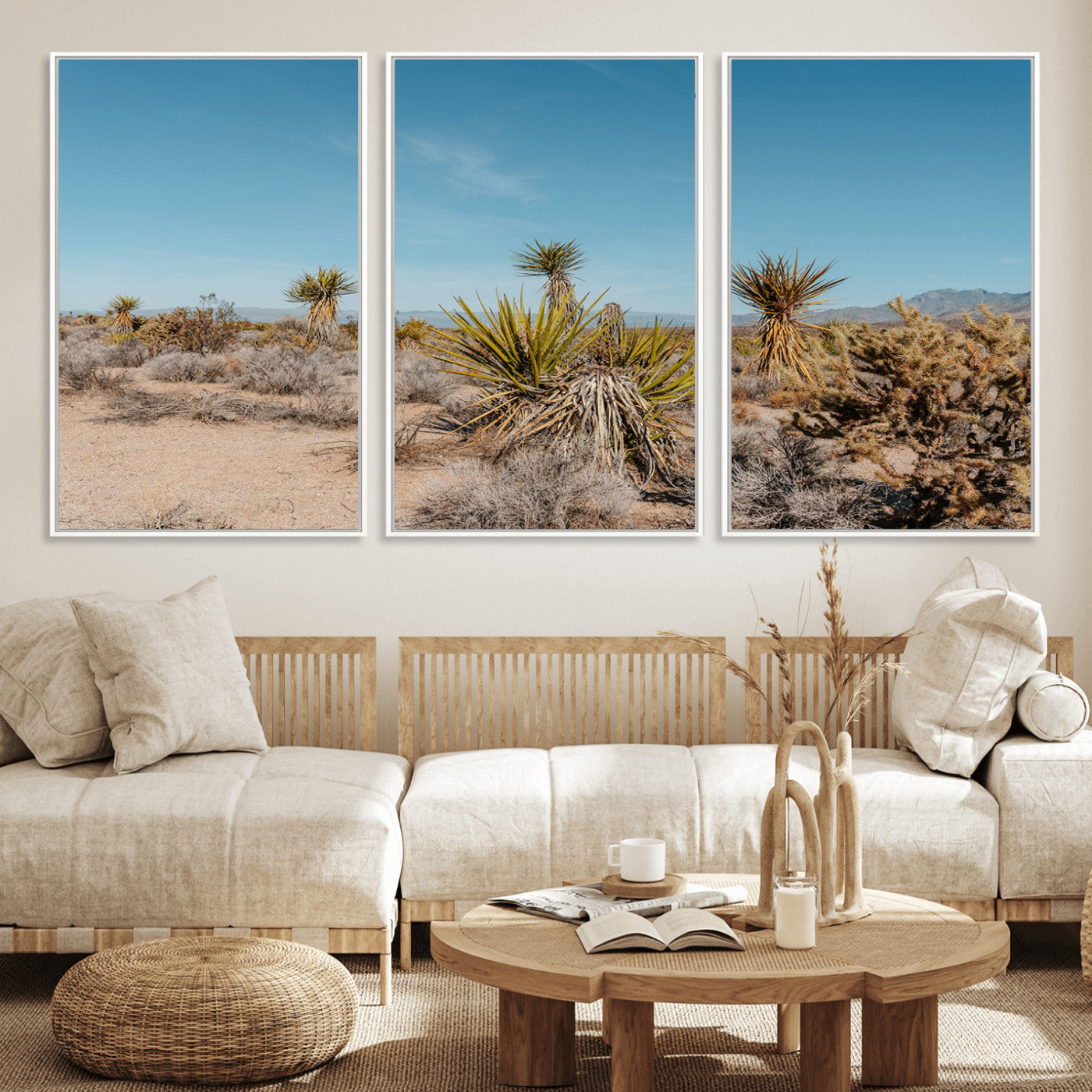 35156165-MGV-FC-60X30-3P_White-Joshua Tree Wall Art Canvas Print, Framed Desert Landscape Art Picture Print, Warm Earth Tones Perfect Southwestern Minimalist