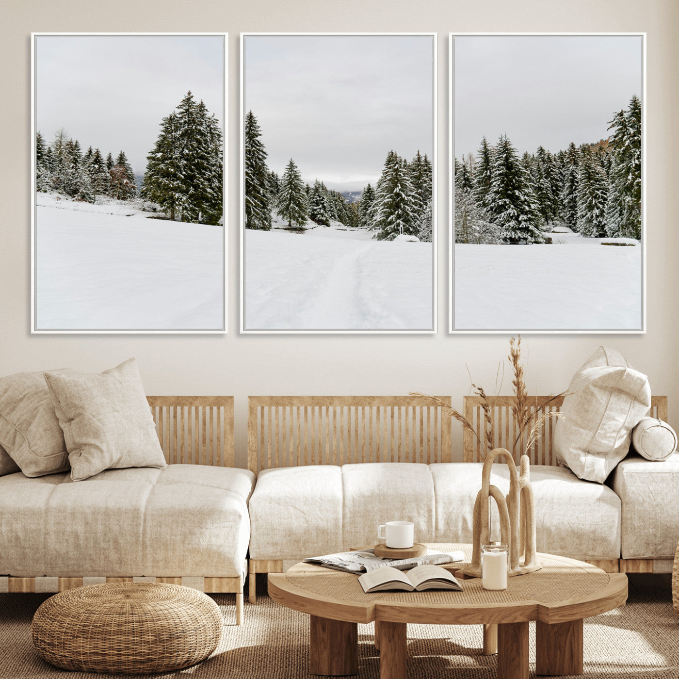 24581417-MGV-FC-60X30-3P_White-Frosty Pines Wall Art Canvas Print, Framed Silent Snowfall Art Picture Print, Cozy Cabin Vibes Perfect Nordic Minimalist Decor