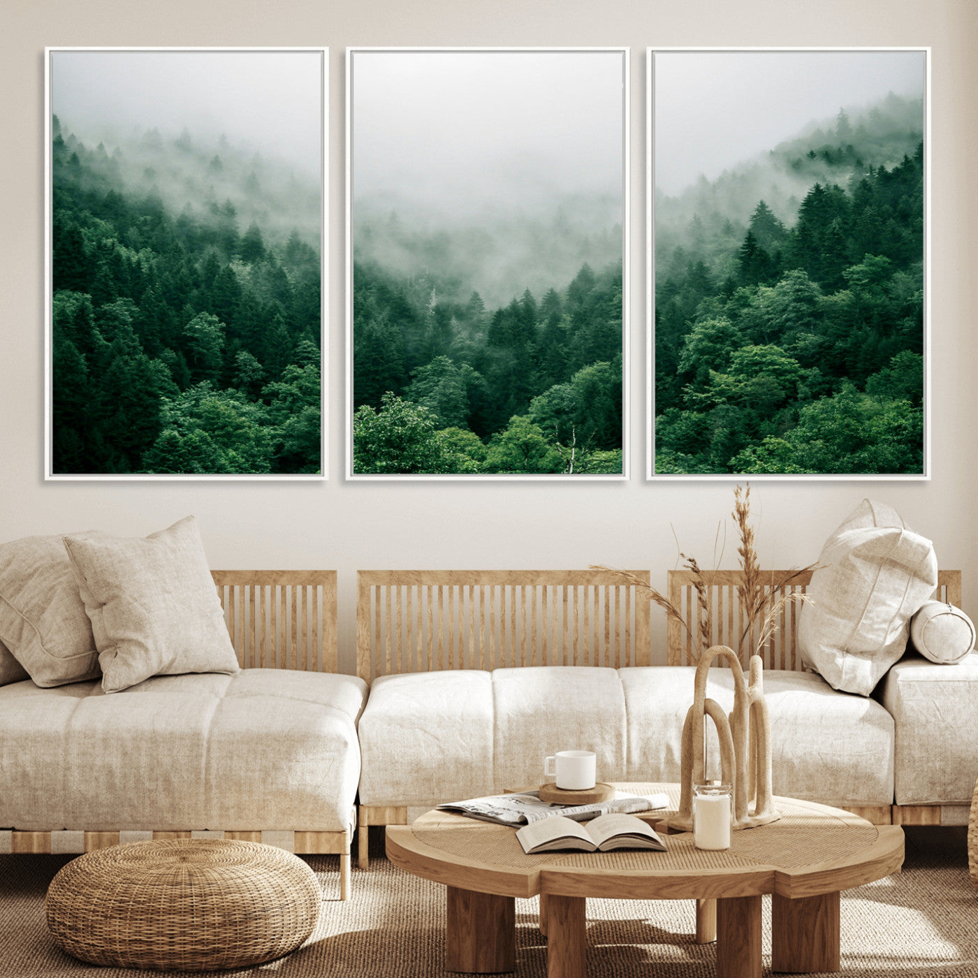 45265379-MGV-FC-60X30-3P_White-Misty Forest Wall Art – Green Mountain Pine Tree Landscape Canvas Print, Nature Photography Artwork Home Decor for Bedroom, Living