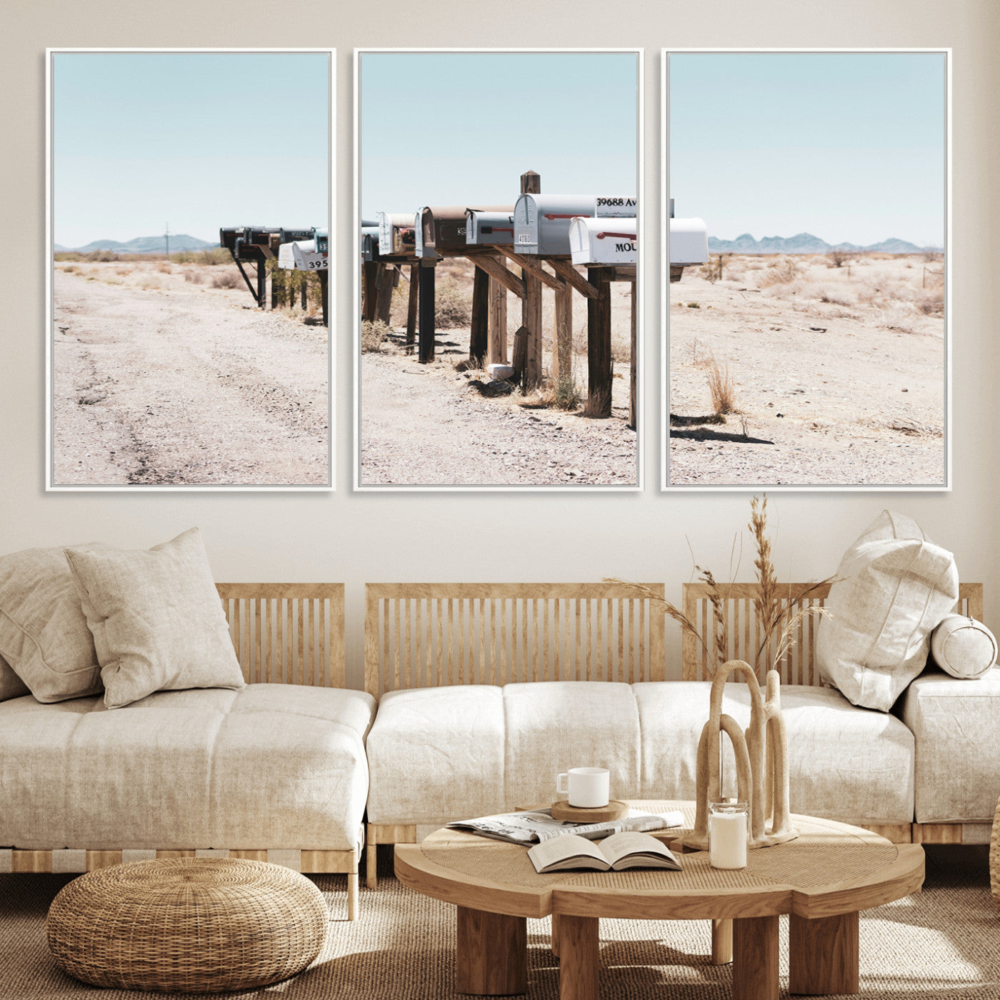 54616109-MGV-FC-60X30-3P_White-Desert Mailboxes Wall Art – Rustic Rural Roadside Photography Canvas Print, American Southwest Landscape Home Decor for Living
