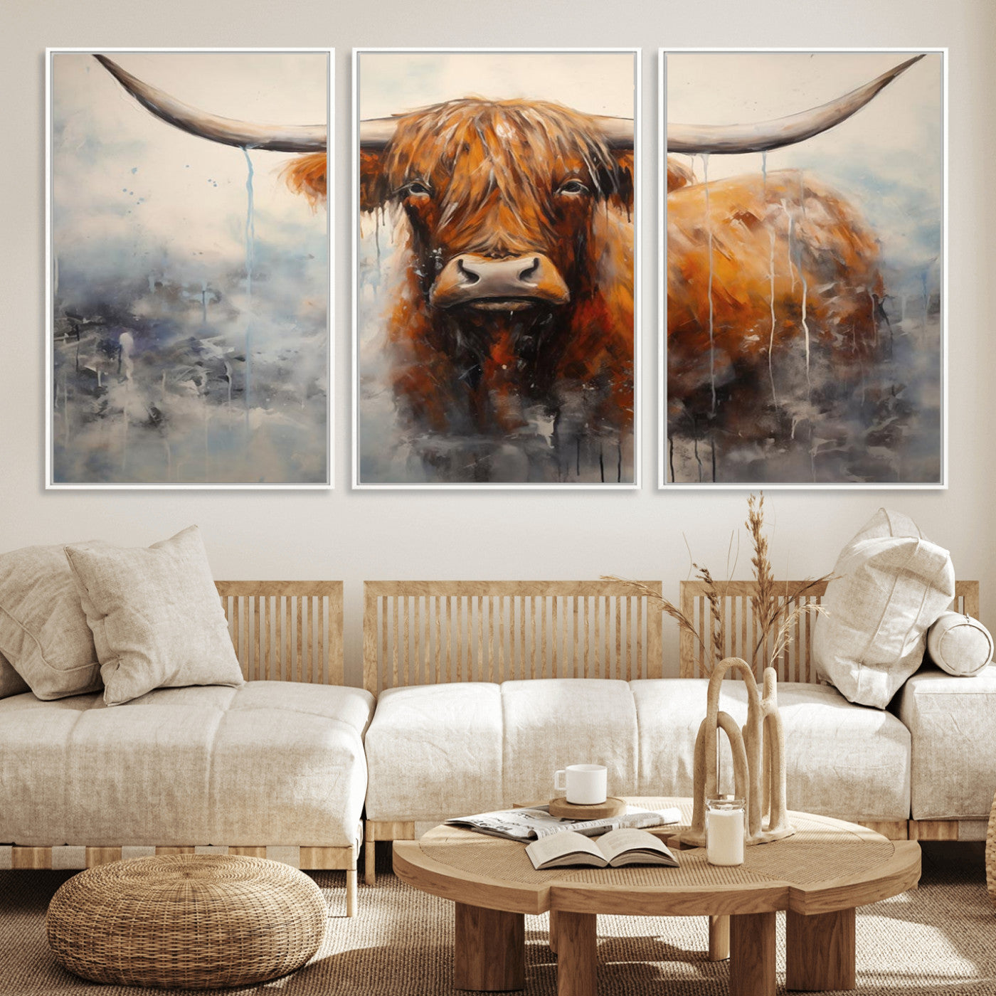 X61001-MGV-FC-60X30-3P_White-Scottish Highland Wall Art Canvas Print, Framed Longhorn Art Picture Print, Western Cow Perfect Farmhouse Decor Artwork