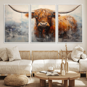 X61001-MGV-FC-60X30-3P_White-Scottish Highland Wall Art Canvas Print, Framed Longhorn Art Picture Print, Western Cow Perfect Farmhouse Decor Artwork