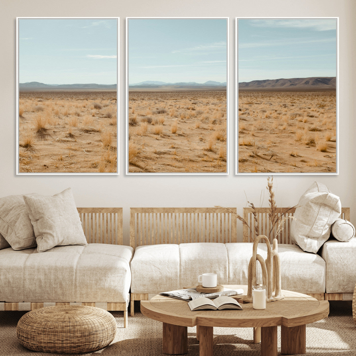 55918919-MGV-FC-60X30-3P_White-Desert Landscape Wall Art – Golden Grass Plains and Mountain Horizon Canvas Print, Southwest Nature Photography Decor for Living