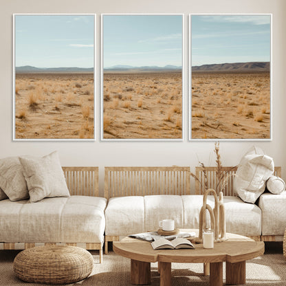 55918919-MGV-FC-60X30-3P_White-Desert Landscape Wall Art – Golden Grass Plains and Mountain Horizon Canvas Print, Southwest Nature Photography Decor for Living