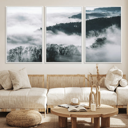67569654-MGV-FC-60X30-3P_White-Foggy Forest Wall Art – Mist Covered Hills and Trees Landscape Canvas Print, Moody Nature Photography Decor for Living Room,