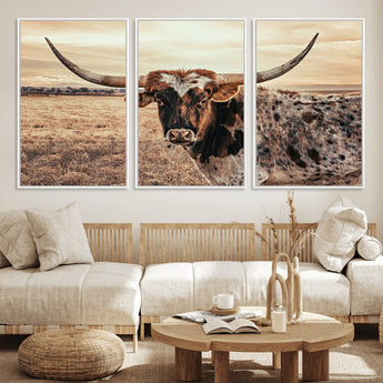 95745718-MGV-FC-60X30-3P_White-Texas Longhorn Wall Art – Western Cattle Photography Canvas Print, Rustic Ranch Animal Artwork Country Farmhouse Decor for Living