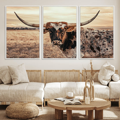 95745718-MGV-FC-60X30-3P_White-Texas Longhorn Wall Art – Western Cattle Photography Canvas Print, Rustic Ranch Animal Artwork Country Farmhouse Decor for Living