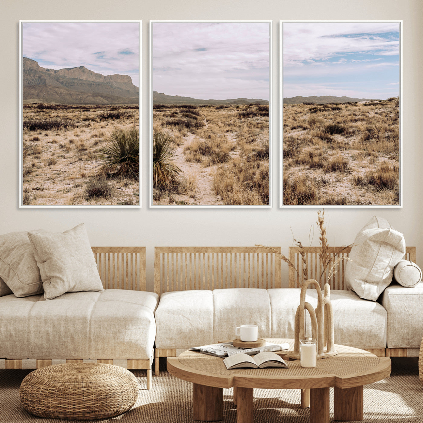 20681831-MGV-FC-60X30-3P_White-Desert Landscape Wall Art – Southwestern Mountain Canvas Print, Rustic Western Nature Photography Decor for Living Room, Office,