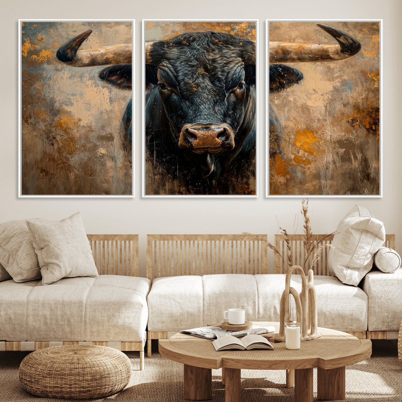 91615410-MGV-FC-60X30-3P_White-Bull Wall Art – Rustic Western Longhorn Canvas Print, Powerful Abstract Animal Painting, Farmhouse Ranch Decor for Living Room,