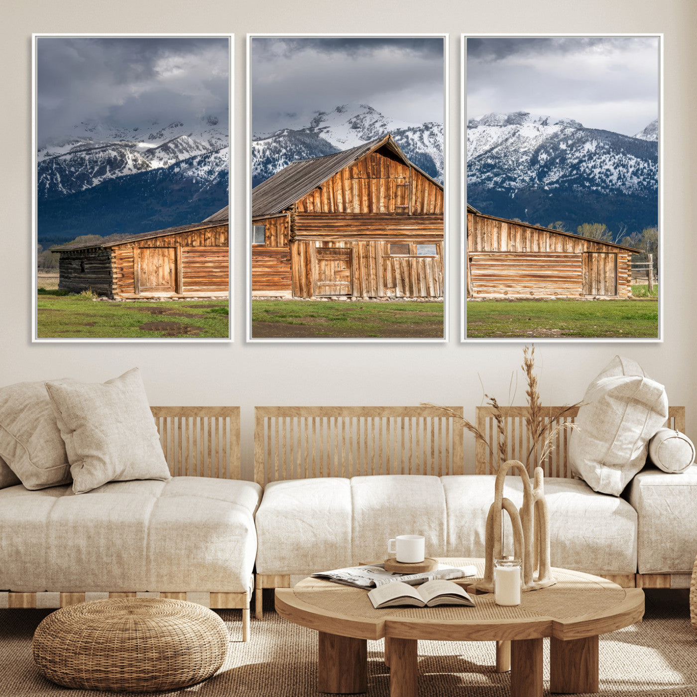 15173627-MGV-FC-60X30-3P_White-Barn Wall Art – Rustic Wooden Cabin Canvas Print with Snowy Mountain Landscape, Western Farmhouse Country Decor for Living Room,
