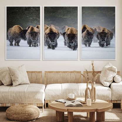 30332489-MGV-FC-60X30-3P_White-Winter Bison Herd Wall Art – Powerful Buffalo Canvas Print, Rustic Wildlife Photography Decor for Farmhouse, Cabin, Lodge, Living