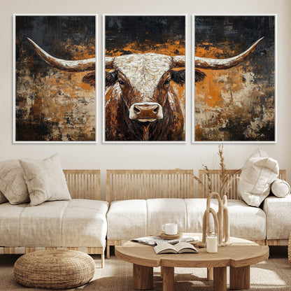 25265572-MGV-FC-60X30-3P_White-Longhorn Bull Wall Art – Rustic Western Texas Steer Canvas Print, Textured Animal Painting for Home, Office, Man Cave or Farmhouse