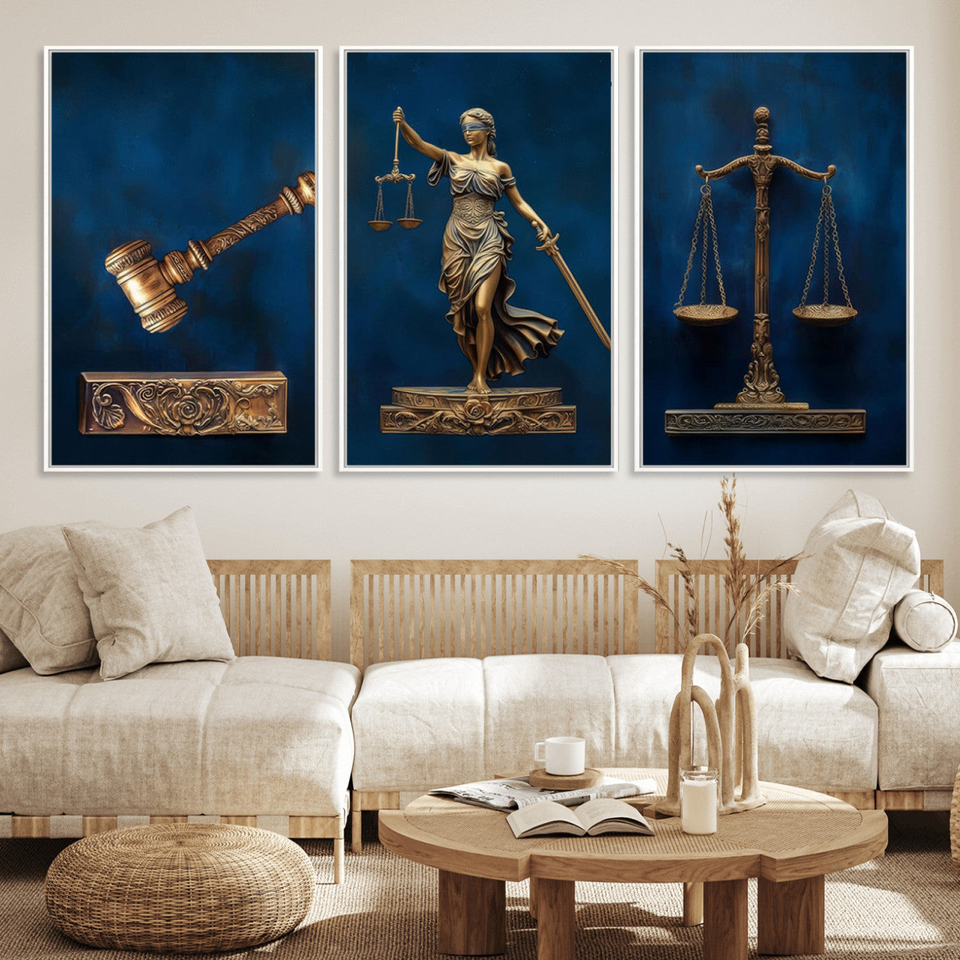 91629053-MGV-FC-60X30-3P_White-Lady Justice Wall Art – Golden Gavel and Scales Canvas Print, Elegant Legal Office Decor for Lawyers, Judges, Courtroom or Study